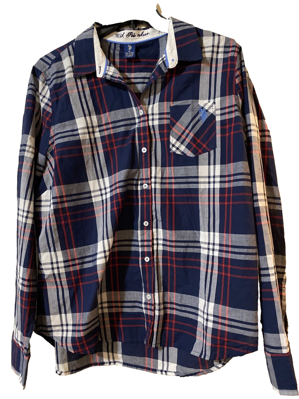 US Polo Assn Shirt Men’s XL Plaid Blue White Red Long Sleeve Button Down